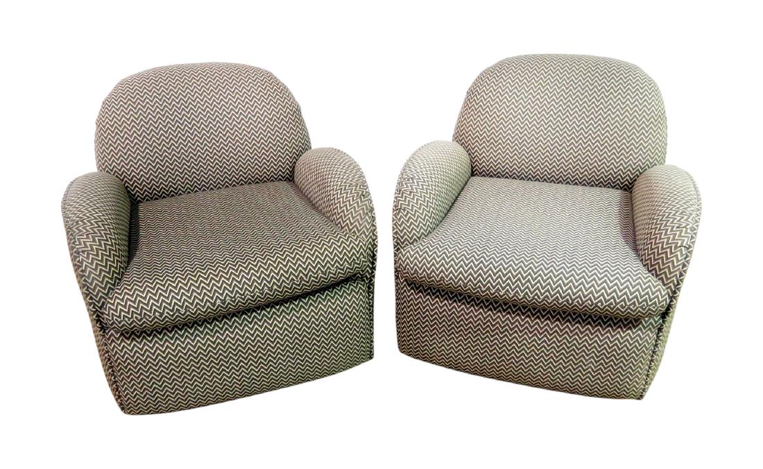 Pair VLADIMIR KAGAN for PREVIEW UPHOLSTERED CLUB CHAIRS: On wheels. Fully upholstered. Geometric upholstery. 28 3/4" h x 28 1/2" w x 33" d. Seat height 14 1/2".