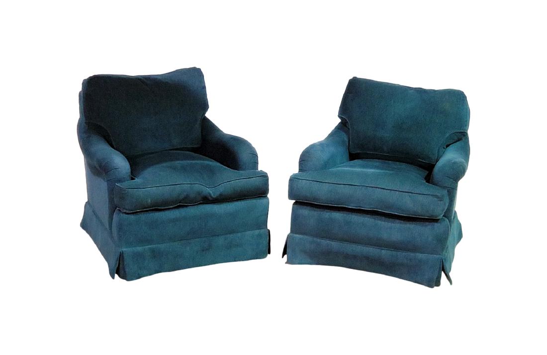 Pair MID CENTURY MODERN UPHOLSTERED BERGERES: Fully upholstered. 31" h x 32" w x 36" d. Seat height 20".