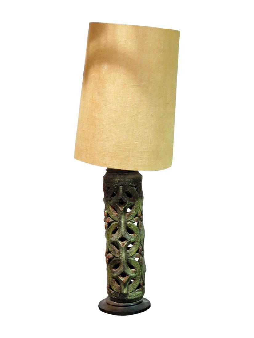 ITALIAN POTTERY BRUTALIST STYLE LAMP: Composite. Wood base with burlap shade. 52 3/4" h x 18" diameter - with shade.
