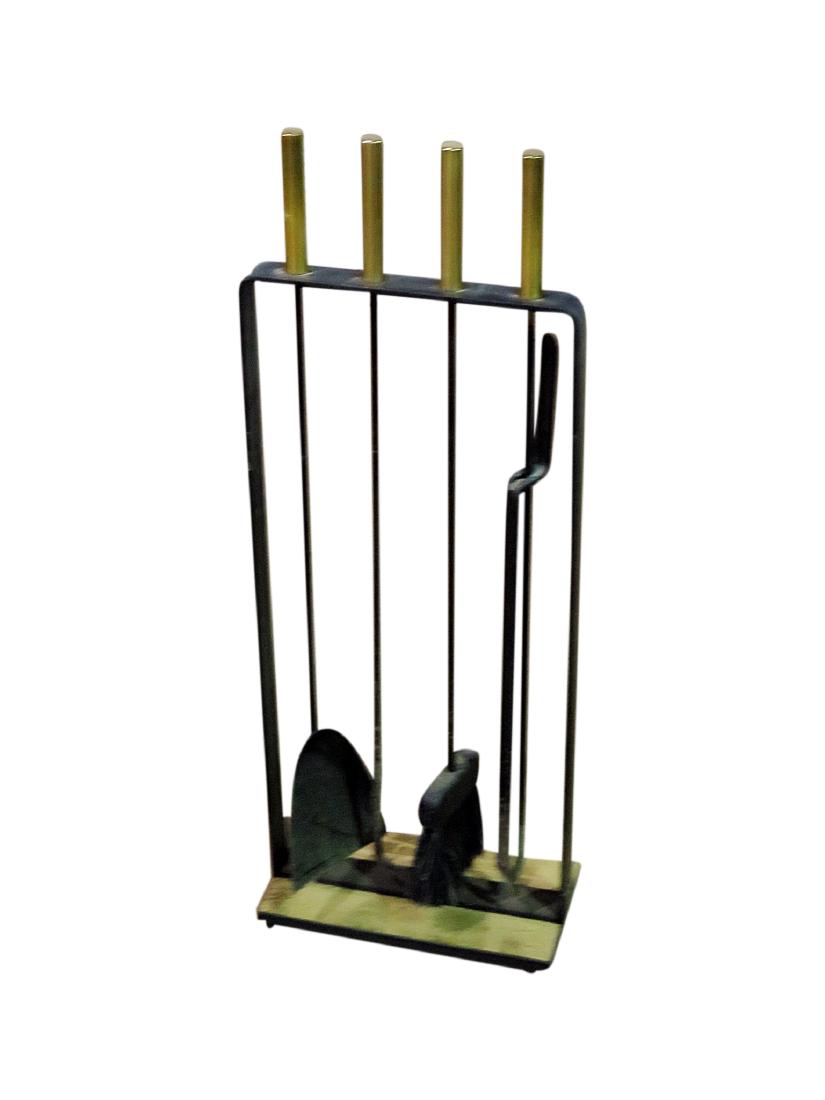 SET ANDIRONS: Brass accents. Brass base. Complete - 33" h x 12" w x 6" d.