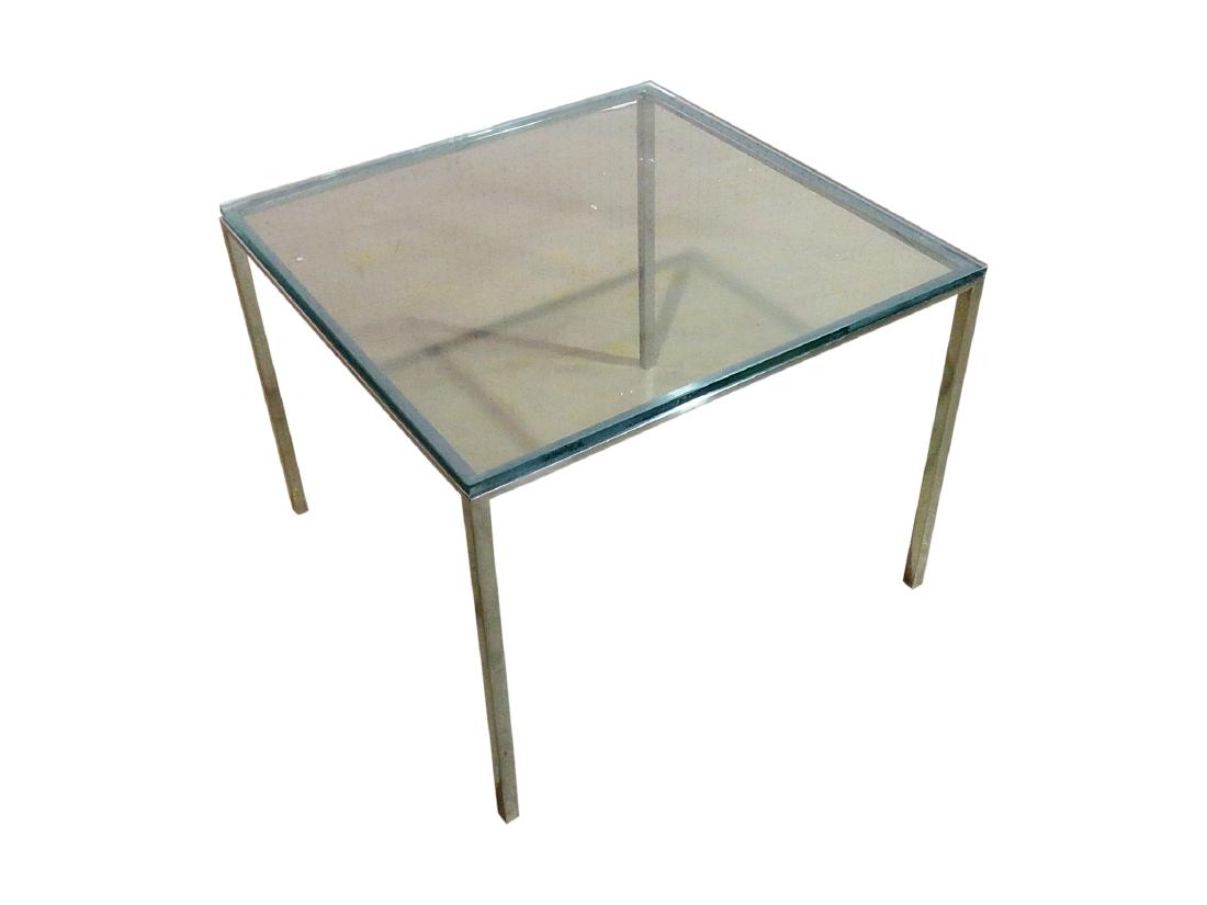 KNOLL STYLE GLASS TOP END TABLE: Glass top. Chrome base. 1/2" glass thickness. 18 1/2" h x 24" square