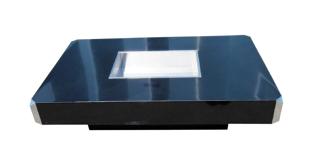 WILLY RIZZO EBONZIED COFFEE TABLE: Chrome accents. Chrome wine cooler insert. Ebonized. 13 1/2" h x 51" w x 32" d.