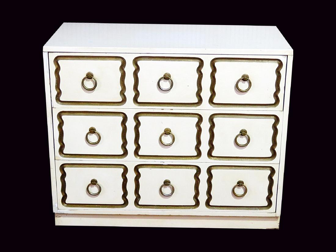 DOROTHY DRAPER STYLE COMMODE: Three drawers. 31 7/8" h x 15 1/2" w x 24 1/2" d.