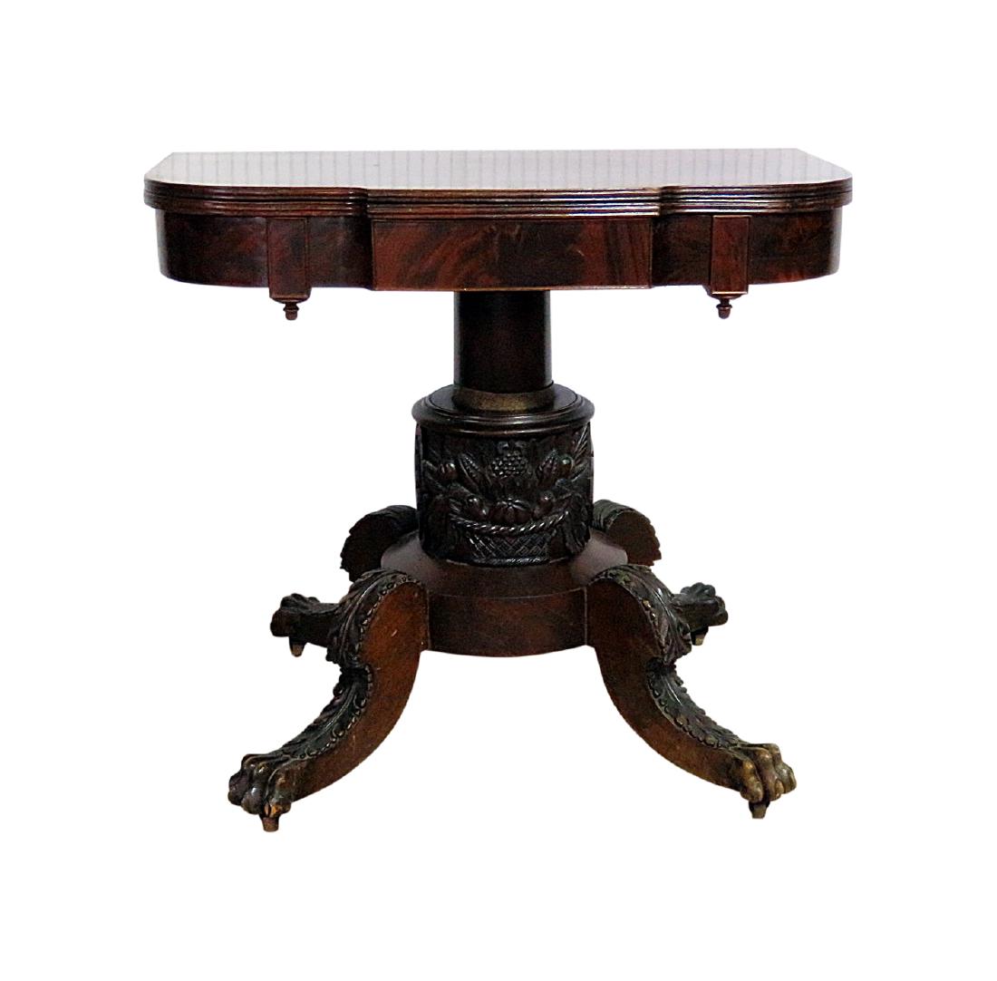 ANTIQUE DUNCAN PHYFE STYLE CENTER TABLE: Carved. Flip up top. Claw feet. 31 3/4" h x 36" w x 19 1/4" d.