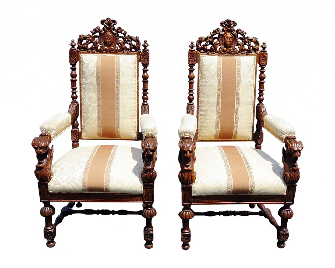 Pair GRIFFIN RENAISSANCE STYLE OAK ARM CHAIRS (1 of 17)