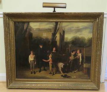 "THE FLIGHT INTERRUPTED" (1816) WILLIAM MULREADY: Oil painting signed William Mulready (1786- 1863). 28 1/2" h x 37 1/4" w x 1" d - actual picture - 36 1/4" h x 45" w x 3" d with frame.