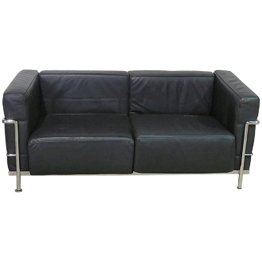 CASSINA STYLE ITALIAN LEATHER LOVE SEAT: Leather. Chrome. 26 1/4" h x 66" w x 27 1/2" d. Seat height 16".