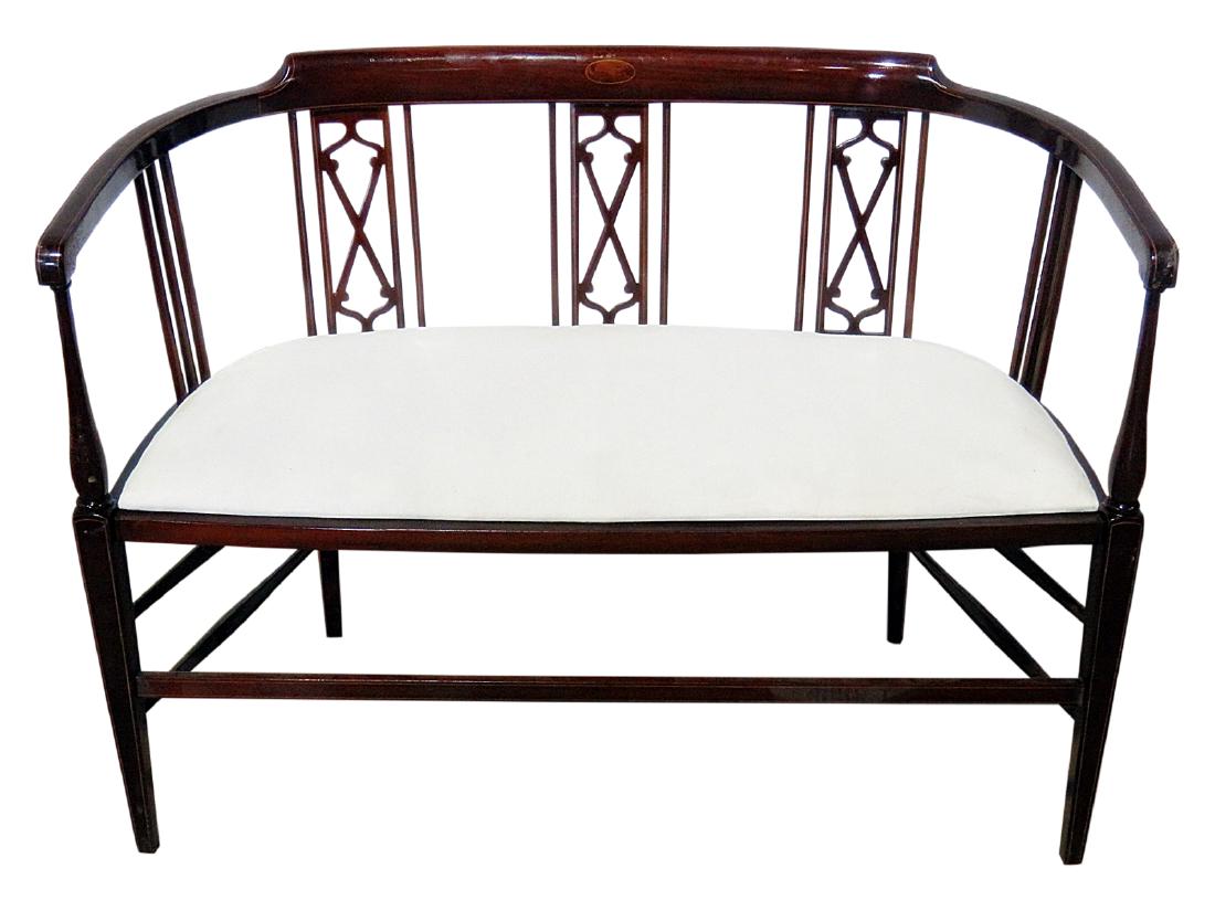 BANDED INLAID SETTEE: Banded. Inlaid. 30 1/4" h x 40 1/4" w x 20" d. Seat height 19".