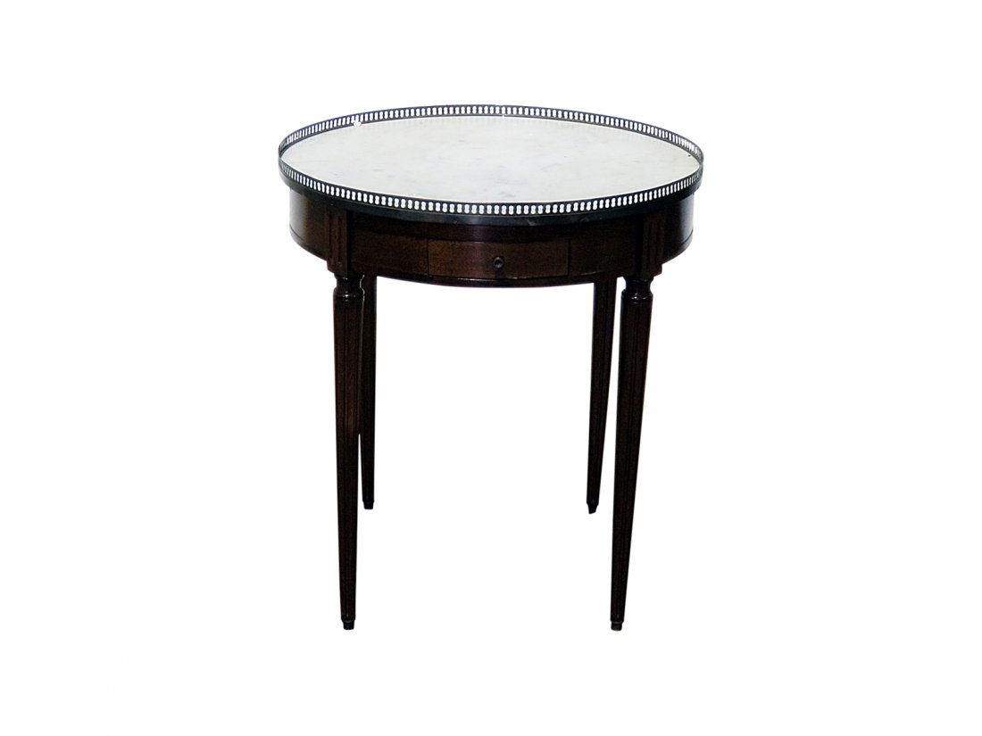 LOUIS XVI STYLE MARBLE TOP BOUILLOTTE TABLE: Brass gallery. Marble top. 28 7/8" h x 26" w x 26" d.