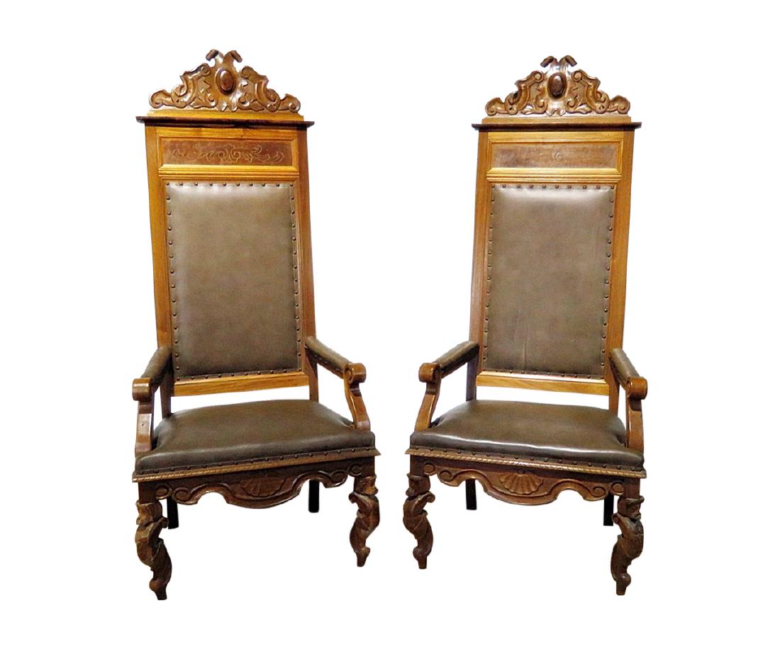 Pair Carved Figural High Back Throne Chairs