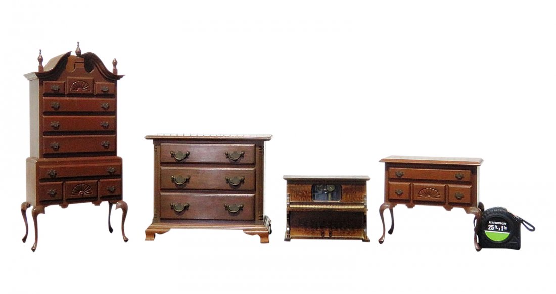 GROUPING OF MINIATURE FURNITURE: High boy 16" h x 7 1/2" w x 4 3/8" d. Low boy 7 1/8" h x 7 3/4" w x 4 1/4" d. Dresser 8 5/8" h x 10 1/8" w x 5 1/2" d. Piano 5" h x 7 1/8" w x 3 1/8" d.