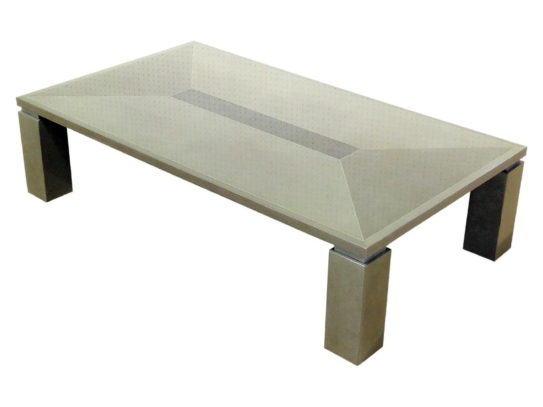 ROCHE BOBOIS AUBERGINE LACQUERED WOOD TABLE: Lacquered wood. Inlaid gold tone geometric pattern. Indented accents. 13 7/8" h x 55 1/4" w x 31 1/2" d.