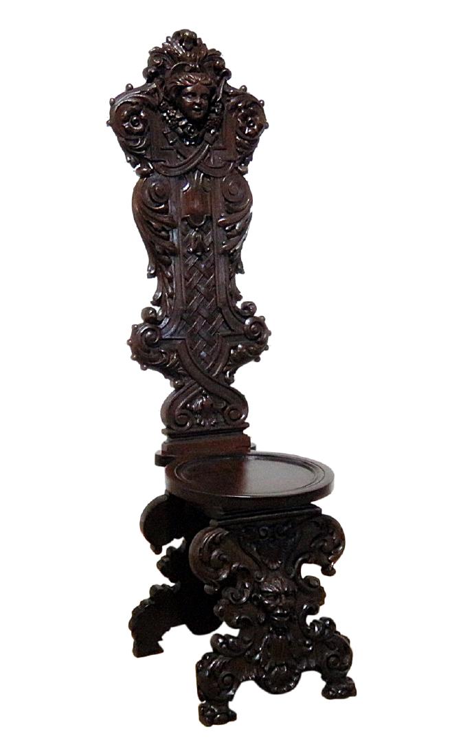 RENAISSANCE REVIVAL HIGH BACK CHAIR: Carved. Walnut. Figural. 57 1/2" h x 16 1/2" w x 21 1/2" d.