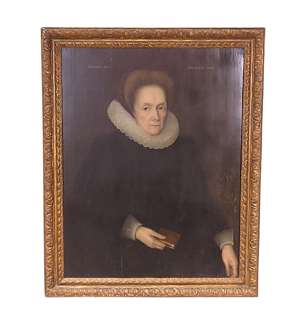 17TH/18TH C DUTCH OIL PAINTING ON CRADLED PANEL: Portrait of noble woman. Distressed carved frame. With frame measures 41 1/2" h x 33 1/2" w x 2 1/8" d. Without frame measures 36" h x 26 1/8" w.