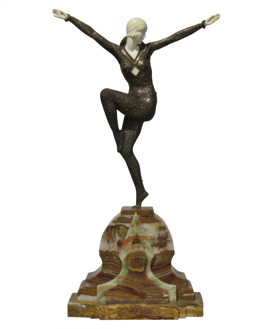DECO BRONZE STATUE of WOMAN after CHIPARUS: Bronze. Marble. 22 1/8" h x 12 1/8" w x 3 3/8" d.