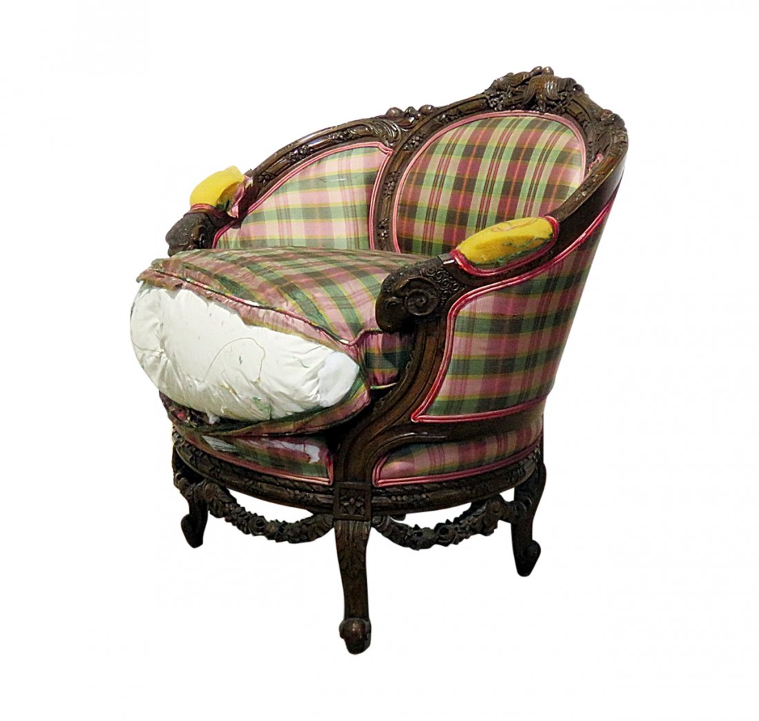 LOUIS XV STYLE PETITE CANAPE: Antique. Carved. Upholstered. 37" h x 36 1/2" w x 31 1/2" d. Seat height 24 1/2".
