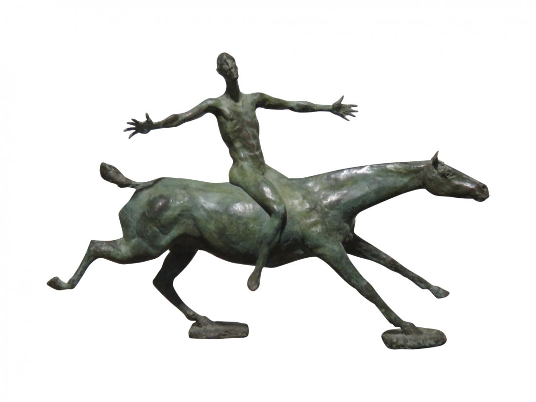 SIGNED BRONZE FIGURAL SCULPTURE MAN ON HORSE (1 of 9)