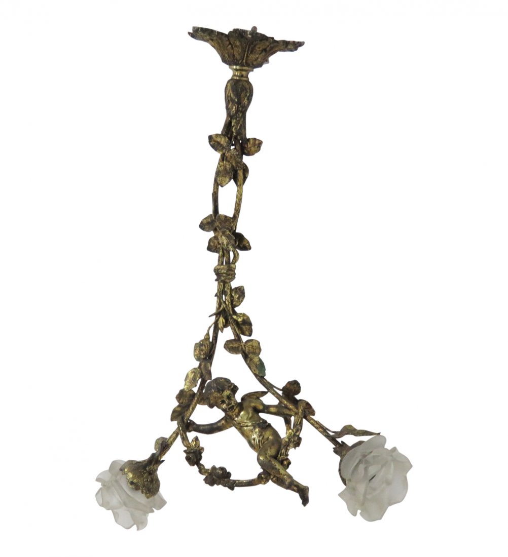 LOUIS XV STYLE BRASS CHERUB TWO LIGHT CHANDELIER (1 of 8)