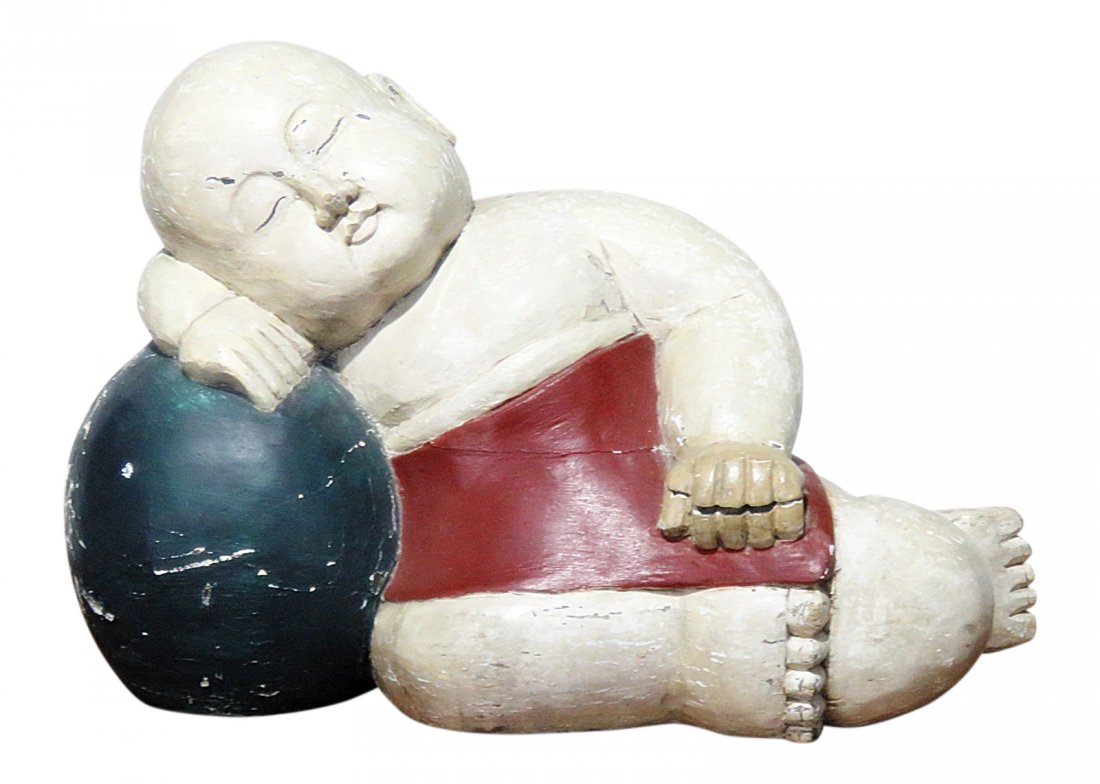 JAPANESE WOOD SCUPTURE FAT BOY RECLINING: Wood. Painted. 14 1/4" h x 20 3/4" w x 10 1/2" d.