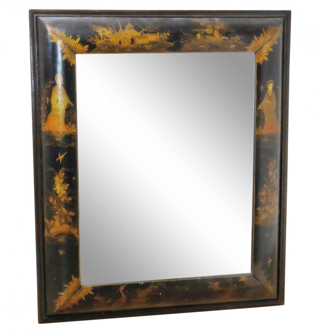 ANTIQUE CHINOISERIE MIRROR: Ebonized. Painted. Beveled glass. 41 3/8" h x 31 3/4" w x 2 5/8" d.