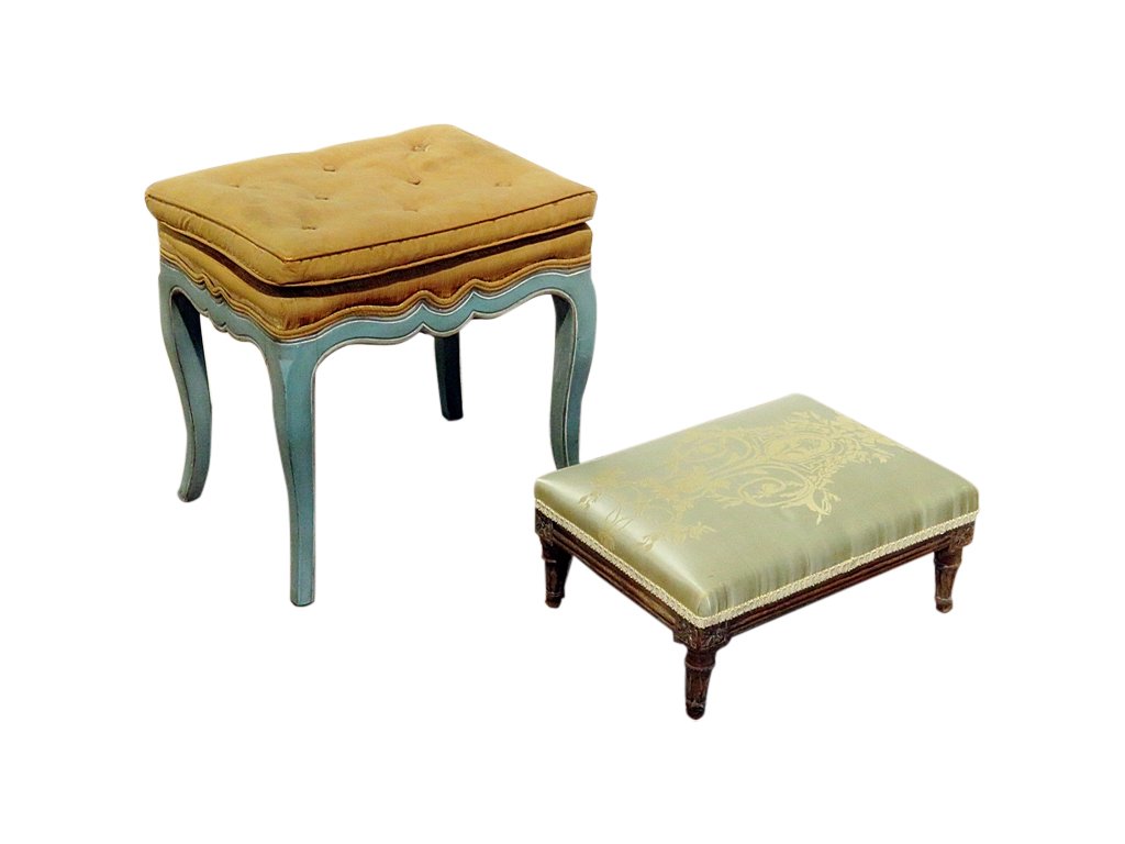 2 FRENCH FOOTSTOOLS: One has tufted seat. Blue painted frame. 18 3/8" h x 18 7/8" w x 14 3/8" d. One is carved and upholstered. Stamped on bottom Courtois. 7 3/4" h x 16 7/8" w x 12 7/8" d.