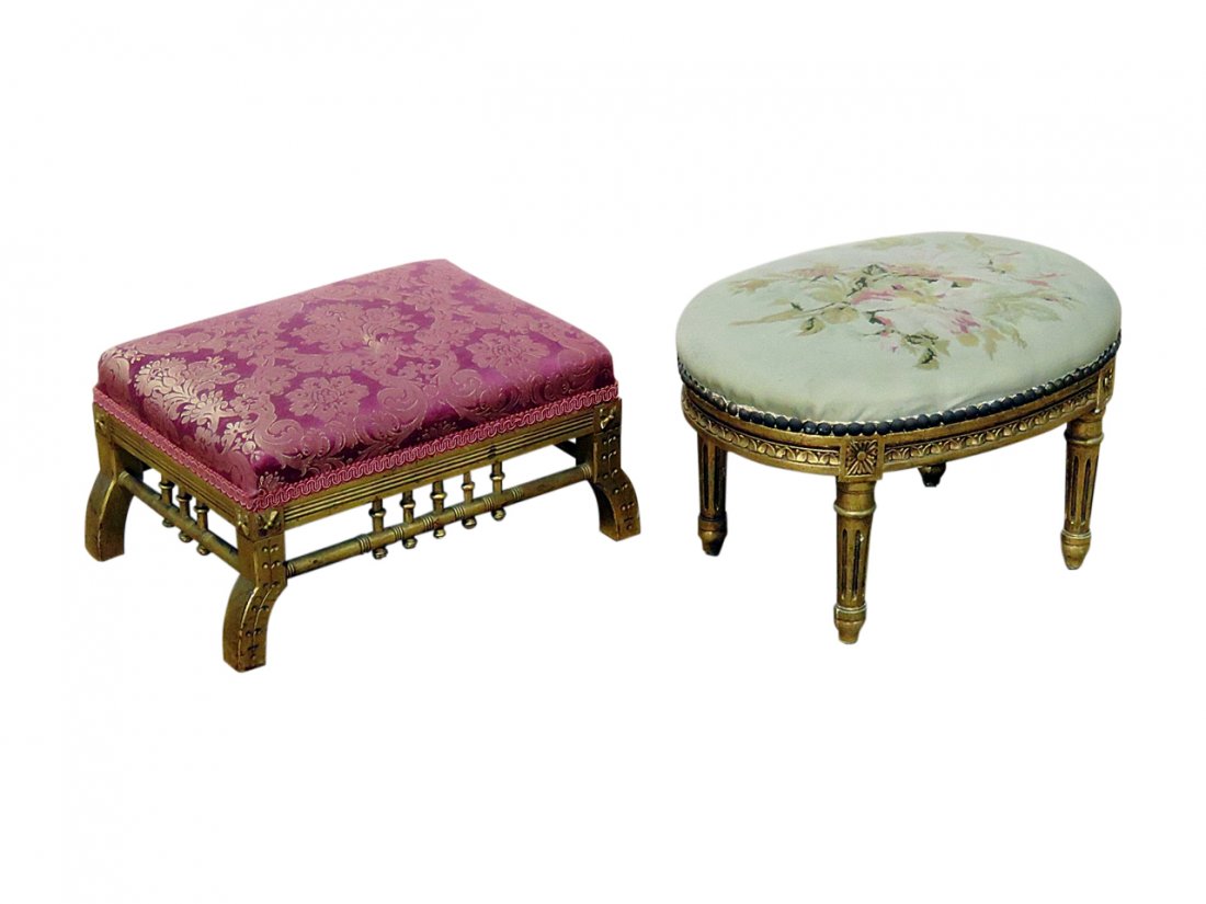 2 FOOTSTOOLS: One has gilded frame and is upholstered. 7 " h x 15" w x 10" d. One is Louis XVI style with gilded frame. Needlepoint upholstery. Carved. Nail head trim. 9" h x 14" w x 10 1/4" d.