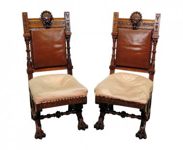 PAIR DANIEL PABST VICTORIAN CARVED SIDE CHAIRS: Claw foot. Carved wood. Lion face. 45" h x 21 1/2" w x 21 5/8" d. Seat height 18 3/4".