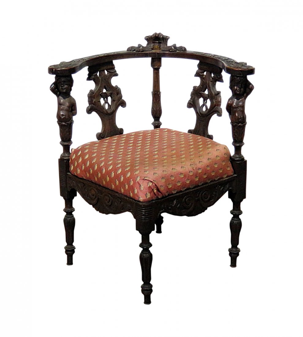 ANTIQUE FIGURAL CARVED CORNER CHAIR (1 of 10)