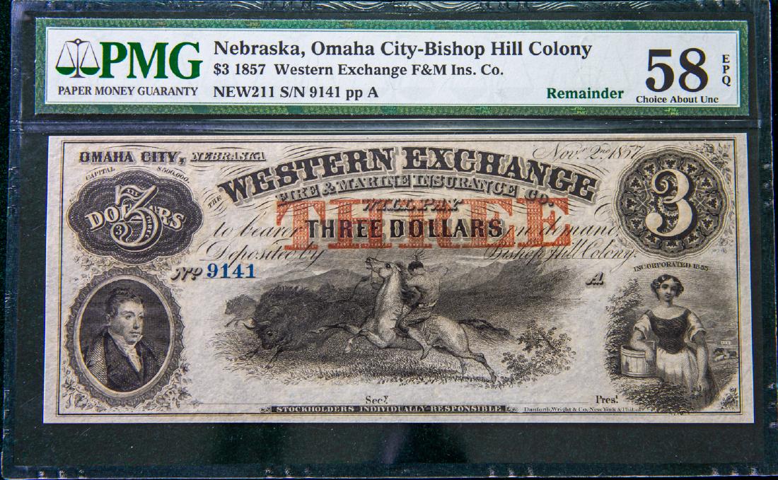 THREE DOLLAR BILL $3 NEBRASKA OMAHA CITY BISHOP HILL (1 of 2)