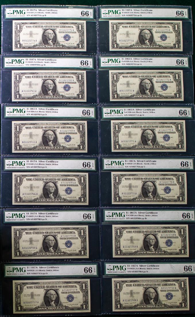 TWELVE 1957 A ONE DOLLAR $1 SILVER CERTIFICATES (1 of 2)