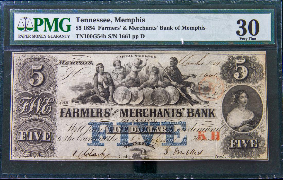 1854 FIVE DOLLAR $5 FARMERS & MERCHANTS BANK OF MEMPHIS (1 of 2)
