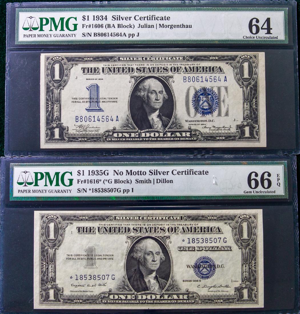 1935 G ONE DOLLAR $1 NO MOTTO SILVER CERTIFICATE and (1 of 2)