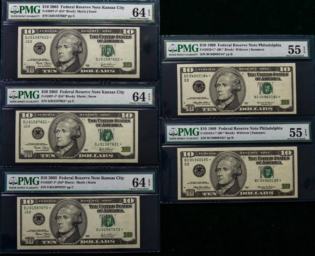 FIVE 1999 - 2003 TEN DOLLAR $10 FEDERAL RESERVE NOTES (1 of 2)