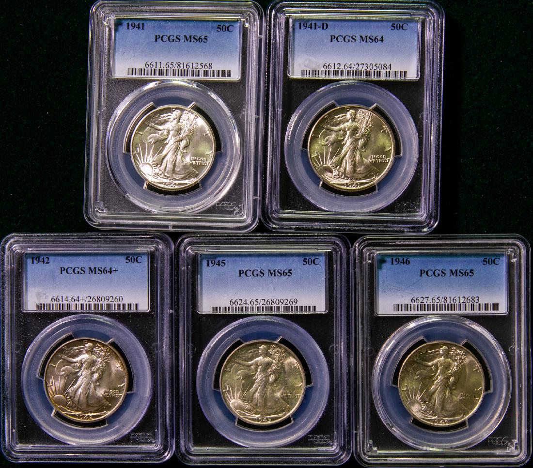 FIVE 1941 - 1946 WALKING LIBERTIES HALF DOLLARS 50C (1 of 2)