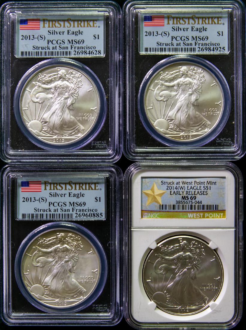 FOUR 2013 - 2014 SILVER EAGLE DOLLARS $1 (1 of 2)