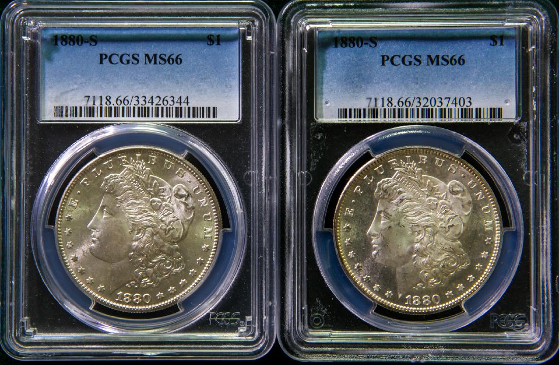 TWO 1880 S MORGAN SILVER DOLLARS $1 (1 of 2)