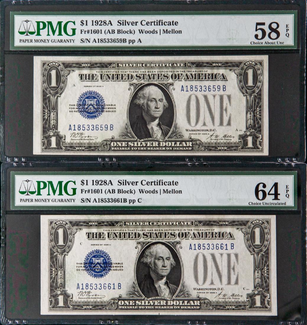TWO 1928 A ONE DOLLAR $1 SILVER CERTIFICATES (1 of 2)
