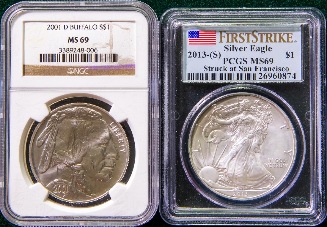 ONE SILVER EAGLE DOLLAR $1 and ONE BUFFALO DOLLAR $1 (1 of 2)