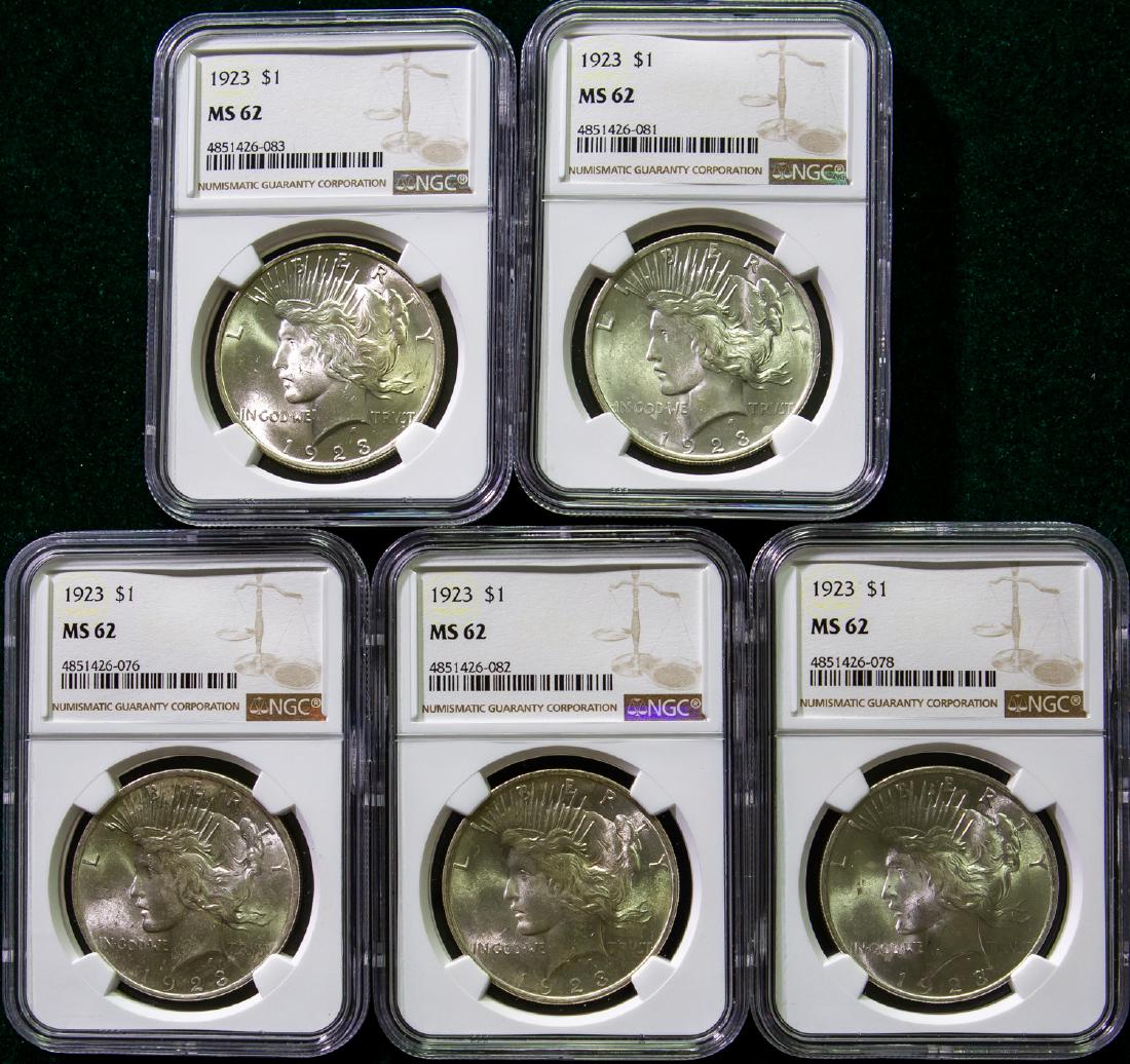 FIVE 1923 PEACE SILVER DOLLARS $1 (1 of 2)