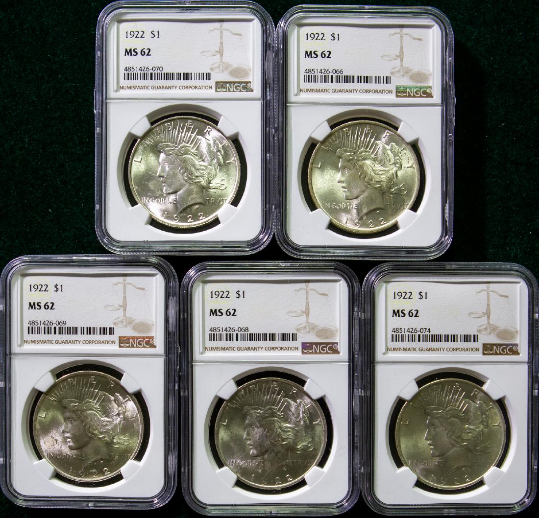 FIVE 1922 PEACE SILVER DOLLARS $1 (1 of 2)