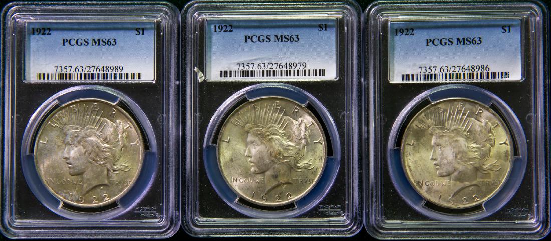 THREE 1922 PEACE SILVER DOLLARS $1 (1 of 2)