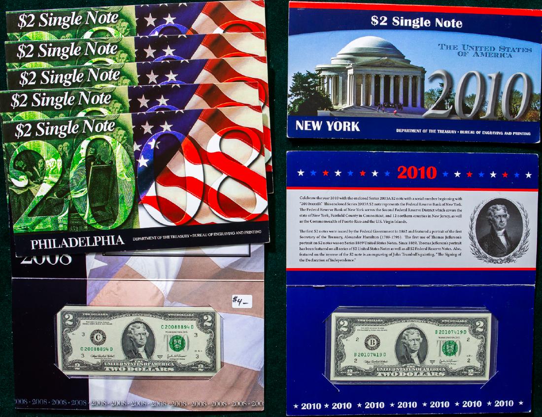 EIGHT 2008 - 2010 TWO DOLLAR $2 SINGLE NOTES (1 of 2)
