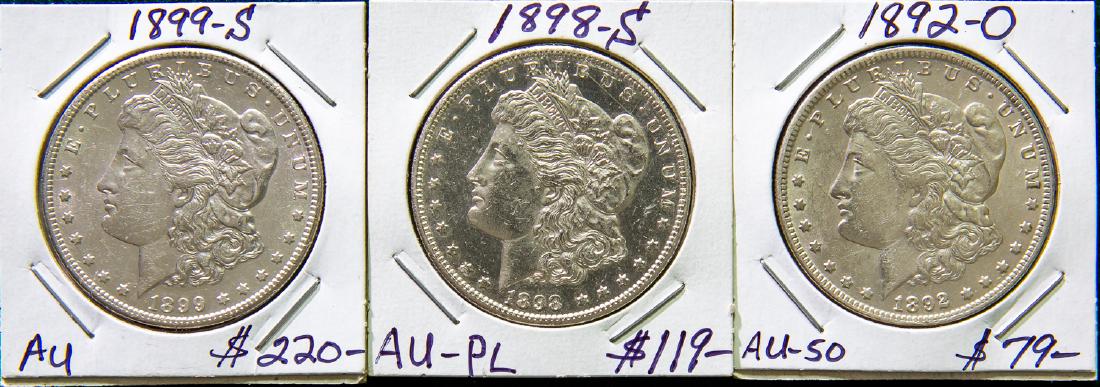THREE 1892 - 1899 MORGAN SILVER DOLLARS $1 (1 of 2)