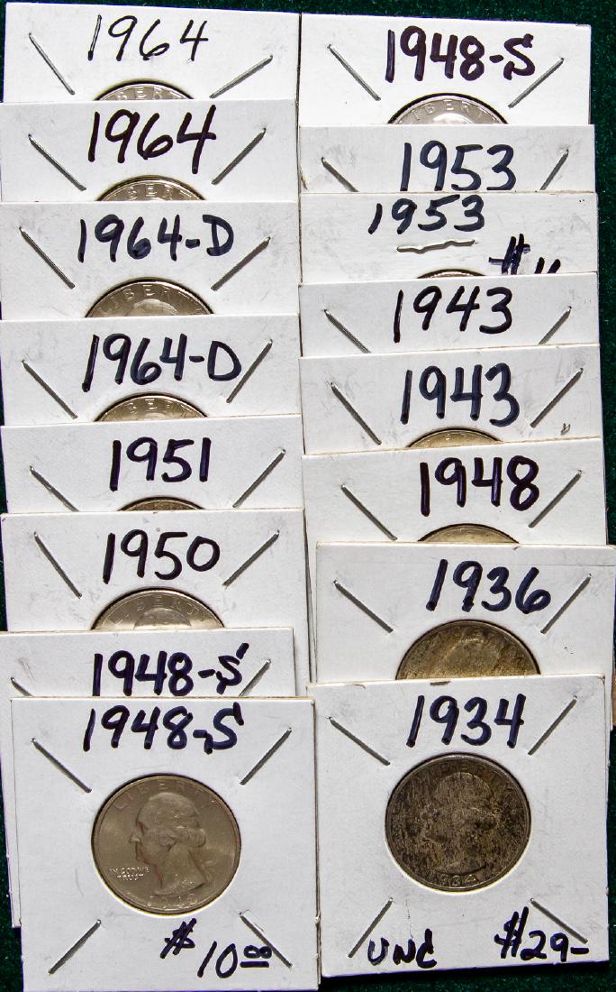 SIXTEEN 1934 - 1964 WASHINGTON QUARTERS 25C (1 of 2)