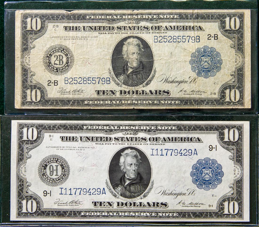 TWO 1914 TEN DOLLAR $10 FEDERAL RESERVE NOTES: White/Mellon