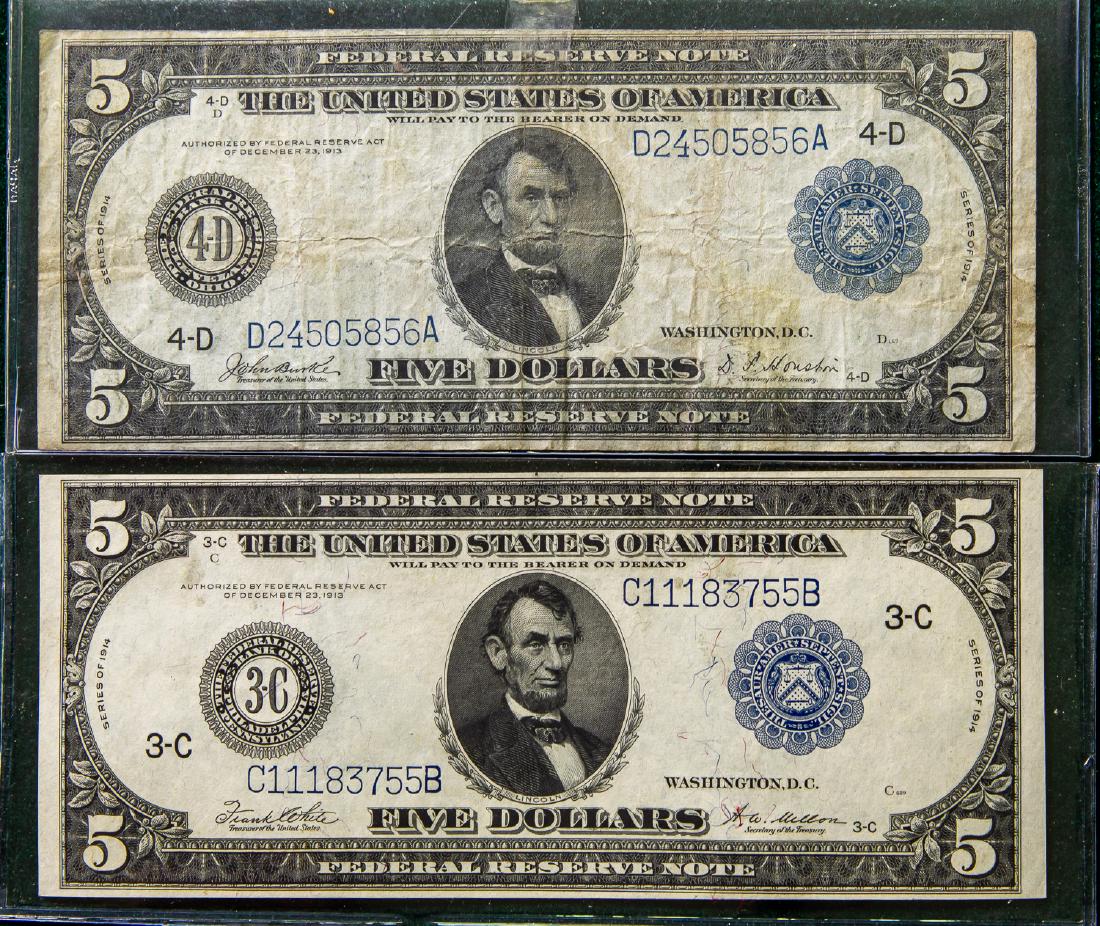 TWO 1914 FIVE DOLLAR $5 FEDERAL RESERVE NOTES (1 of 2)
