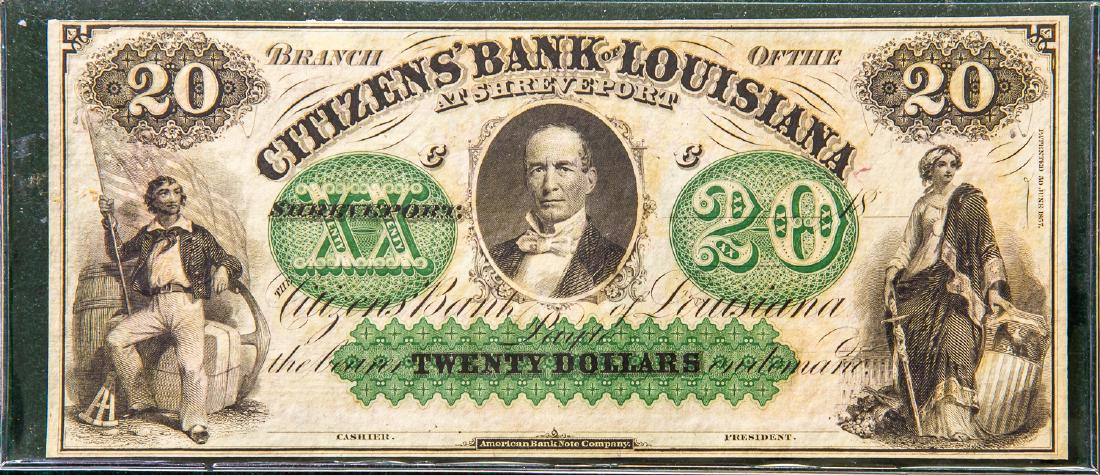 TWENTY DOLLAR $20 CITIZENS BANK OF LOUISIANA AT: Patented June 30, 1857