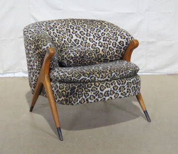 KARPEN OF CALIFORNIA STYLE CLUB CHAIR: Wood frame. Brass feet. 28" h x 31 1/2" w 33 1/2" d. Seat height 18".