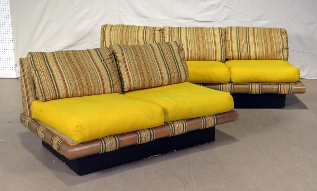 PEARSALL SOFA & LOVESEAT: Catalog numbers 3234, 3231. Ebonized base. Wood trim. Strap bottom. Upholstered. Sofa measures 26 1/2" h x 74 1/4" w x 34" d. Seat height 16". Loveseat measures 26" h x 50 1/2" w x 34" d. Seat height 
