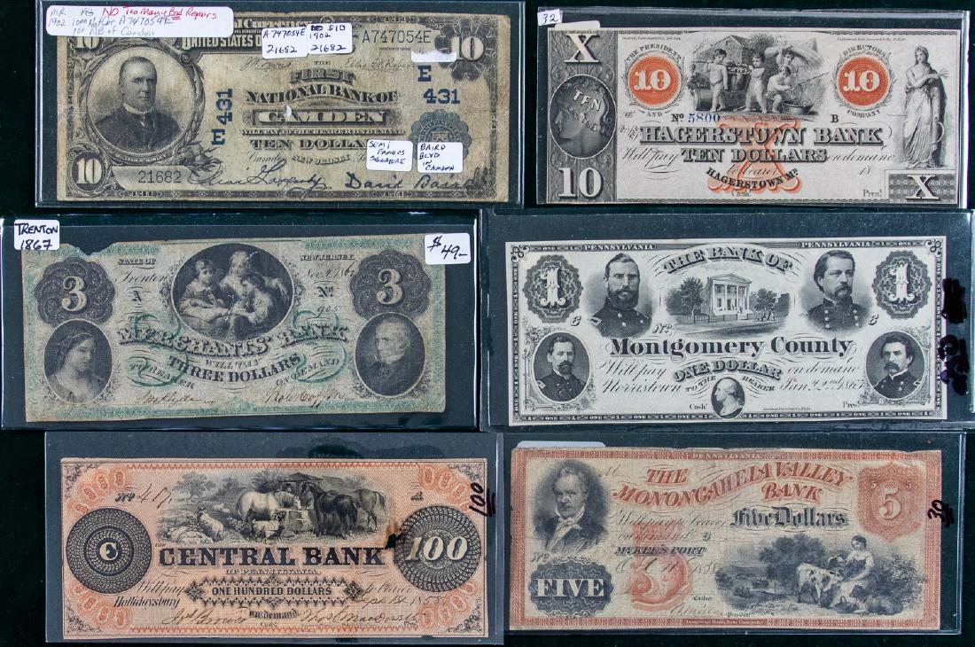 6 - 1858 - 1902 BANK CURRENCY: 1 - 1858 $100 State Currency Central Bank of Pennsylvania. 1 - 1858 $5 The Mononcihela Valley Bank. 1 - 1865 $1 Montgomery County. 1 - 1867 $3 Merchants Bank State of New Jersey. 1 - unsigned and not 
